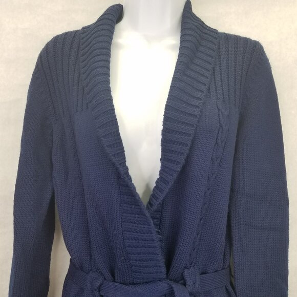 Sirocco Cardigan Women Sm Cable Knit Navy Blue Open Front Belted Classic Vintage - Picture 2 of 13